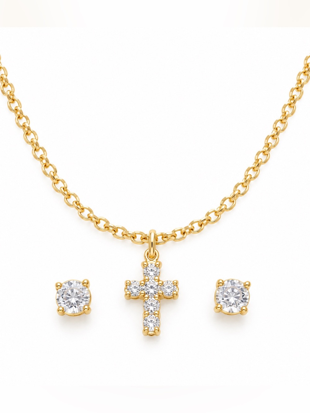 14K Gold CZ Diamond Cross Necklace Stud Earrings Set Nickel Free New In Box
